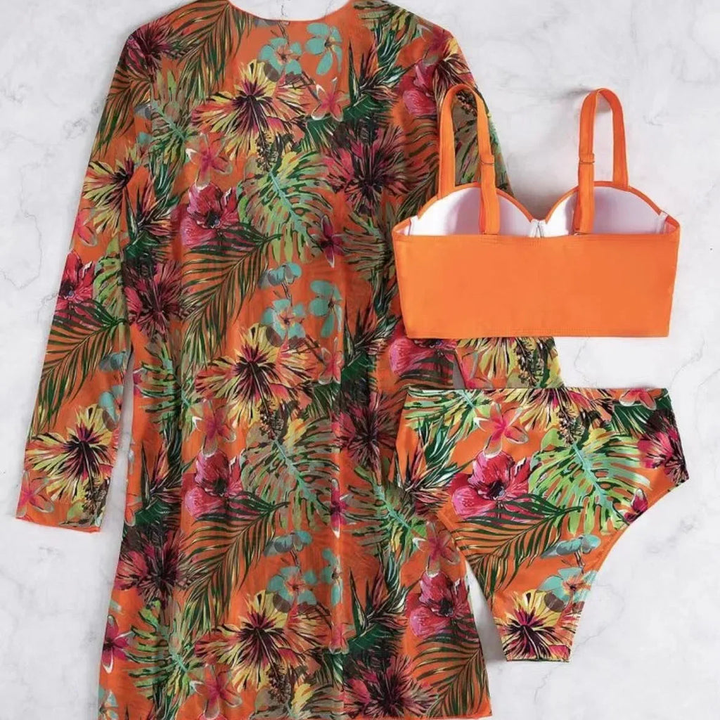 Plant Flower Print Bikini Three-piece Set Sunscreen Cover up Cross-Border Swimsuit Women's Fashion Swimwear from China
