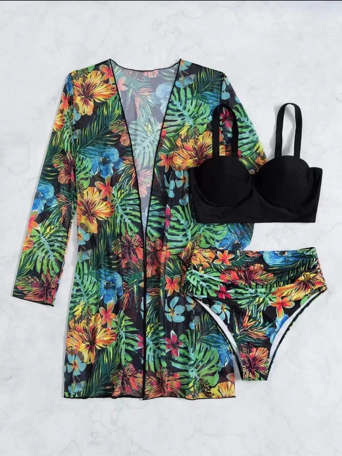 Plant Flower Print Bikini Three-piece Set Sunscreen Cover up Cross-Border Swimsuit Women's Fashion Swimwear from China