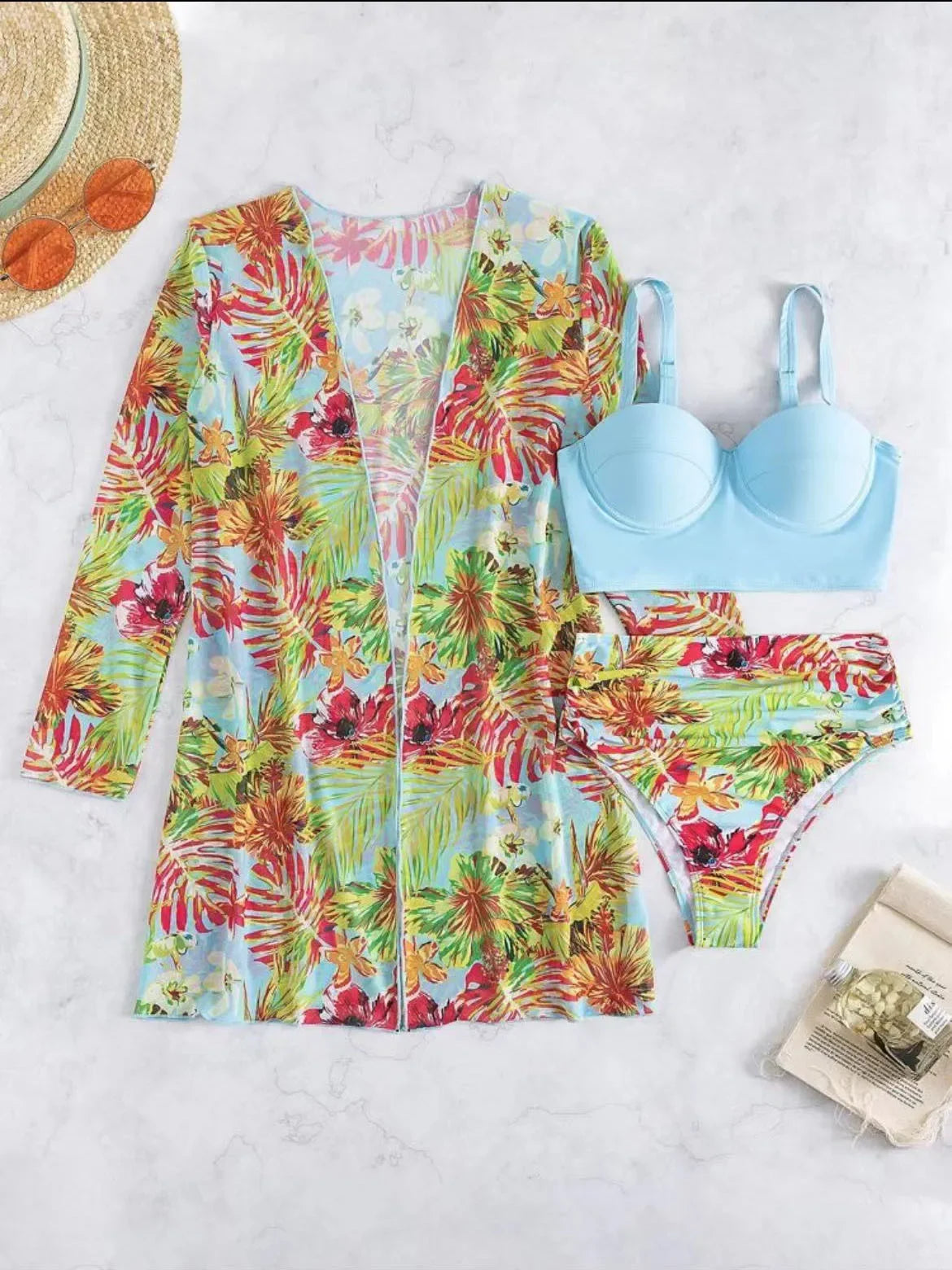 Plant Flower Print Bikini Three-piece Set Sunscreen Cover up Cross-Border Swimsuit Women's Fashion Swimwear from China