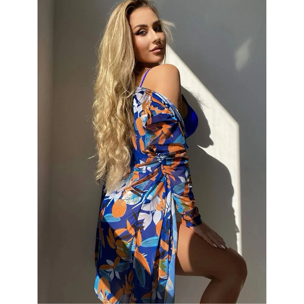 2025 Three Pieces Bikini Set Cover Up Swimwear Women Swimsuit Print Long Sleeve Push Up Bathing Suit Beachwear Swimming Biquini