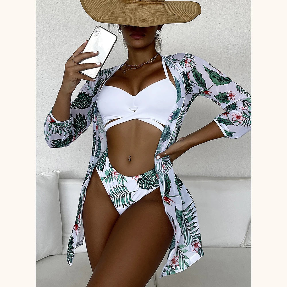 2025 Three Pieces Bikini Set Cover Up Swimwear Women Swimsuit Print Long Sleeve Push Up Bathing Suit Beachwear Swimming Biquini