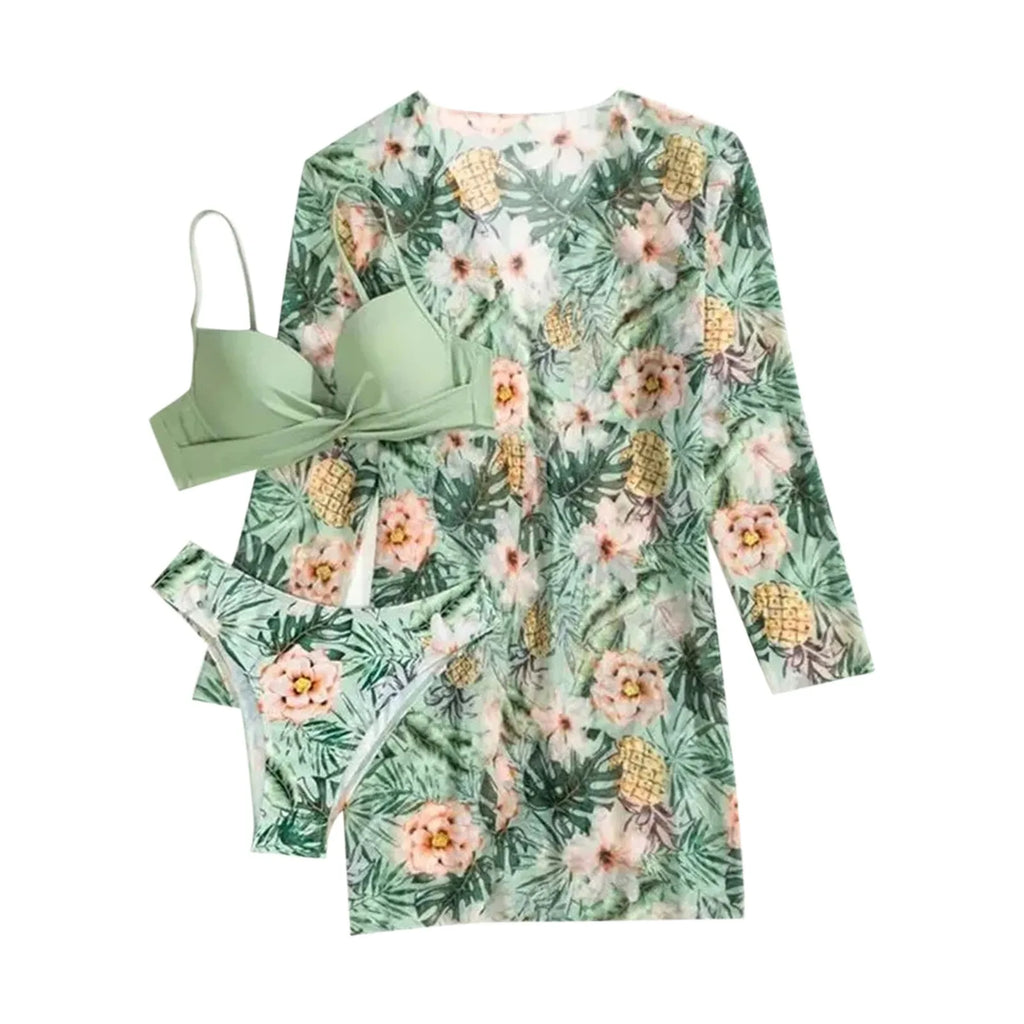 Sexy High Waisted Bikini 3 Pieces Floral Printed Swimsuit Size 3XL-S Women Bikini Set With Mesh Long-Sleeved Blouse Super Sales