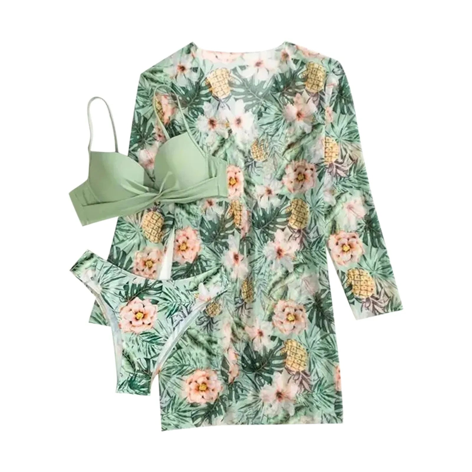 Sexy High Waisted Bikini 3 Pieces Floral Printed Swimsuit Size 3XL-S Women Bikini Set With Mesh Long-Sleeved Blouse Super Sales