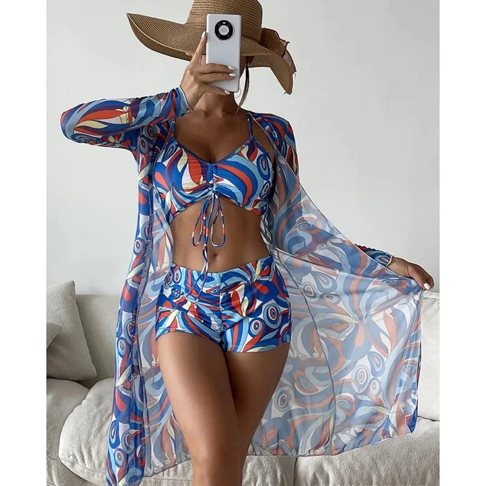 2025 Three Pieces Bikini Set Cover Up Swimwear Women Swimsuit Print Long Sleeve Push Up Bathing Suit Beachwear Swimming Biquini