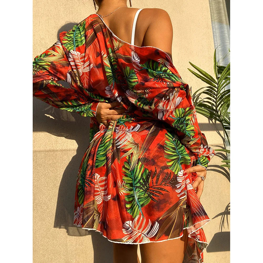 2025 Three Pieces Bikini Set Cover Up Swimwear Women Swimsuit Print Long Sleeve Push Up Bathing Suit Beachwear Swimming Biquini