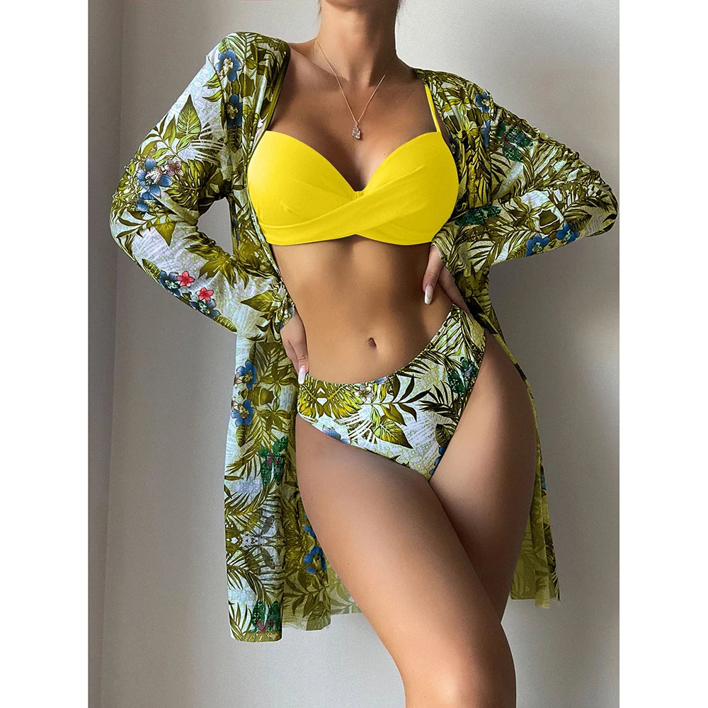 2025 Three Pieces Bikini Set Cover Up Swimwear Women Swimsuit Print Long Sleeve Push Up Bathing Suit Beachwear Swimming Biquini