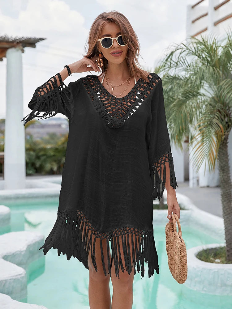 Crochet Bikini Women Casual Loose Beach Dress Cover-Ups Swimsuit Beachwear Bathing Suit Summer Swimwear Tunic Saida Praia