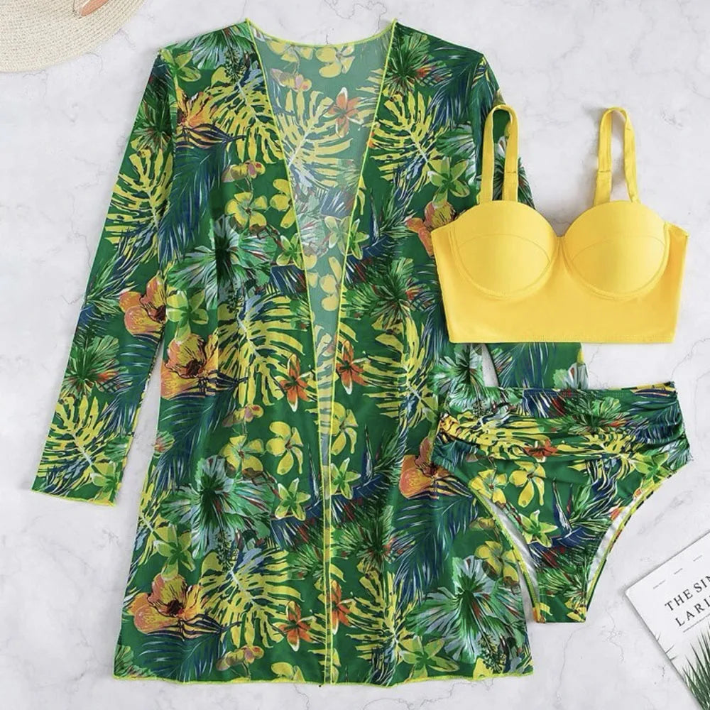 2025 Three Pieces Bikini Set Cover Up Swimwear Women Swimsuit Print Long Sleeve Push Up Bathing Suit Beachwear Swimming Biquini