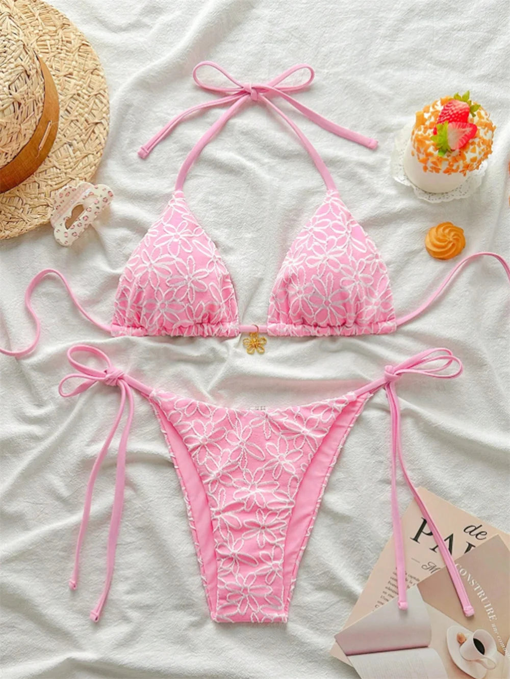 Para Praia Thong Swimsuit Women Halter Micro Bikini Set 2025 Floral Swimwear Brazilian Bathing Suit Beachwear