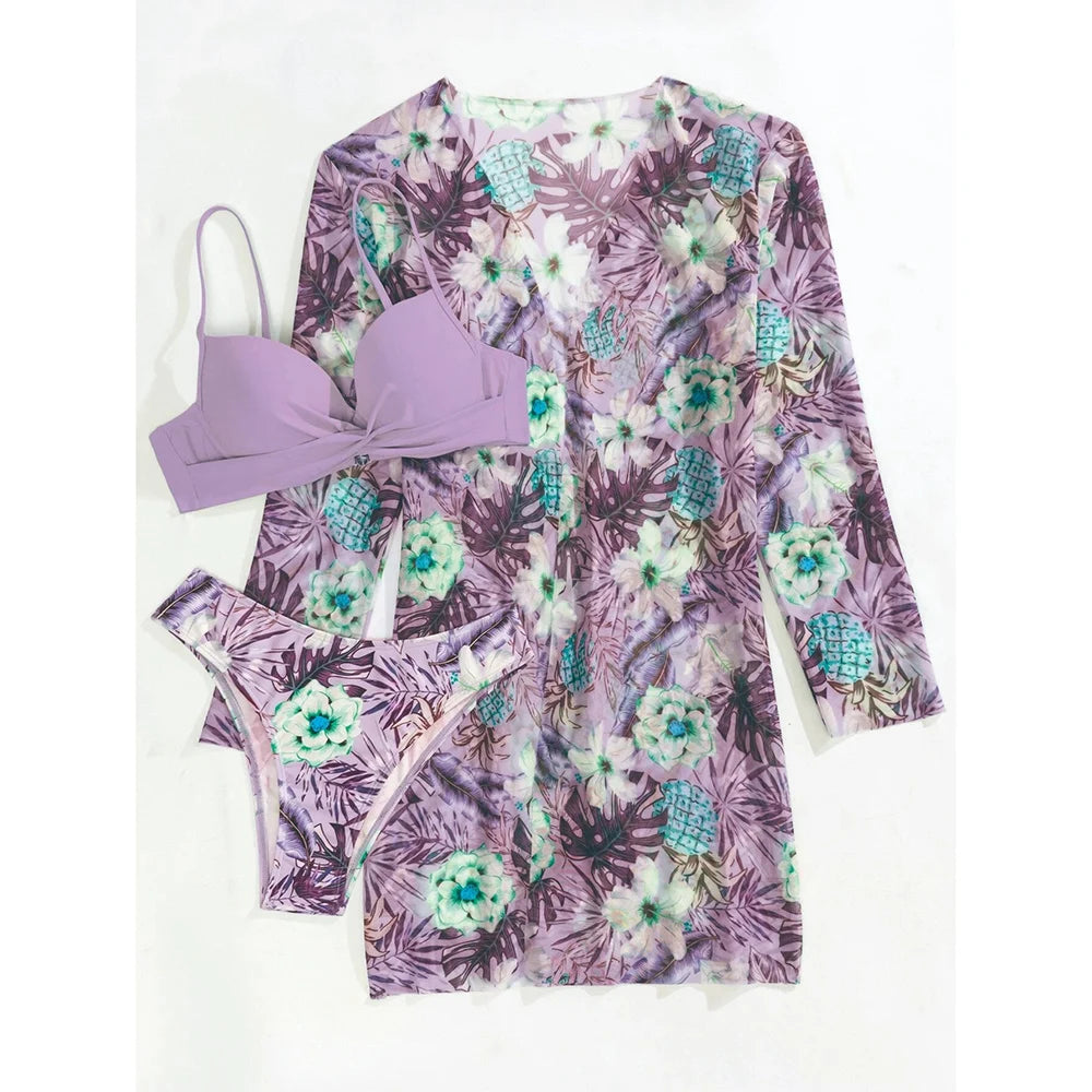 2025 Three Pieces Bikini Set Cover Up Swimwear Women Swimsuit Print Long Sleeve Push Up Bathing Suit Beachwear Swimming Biquini