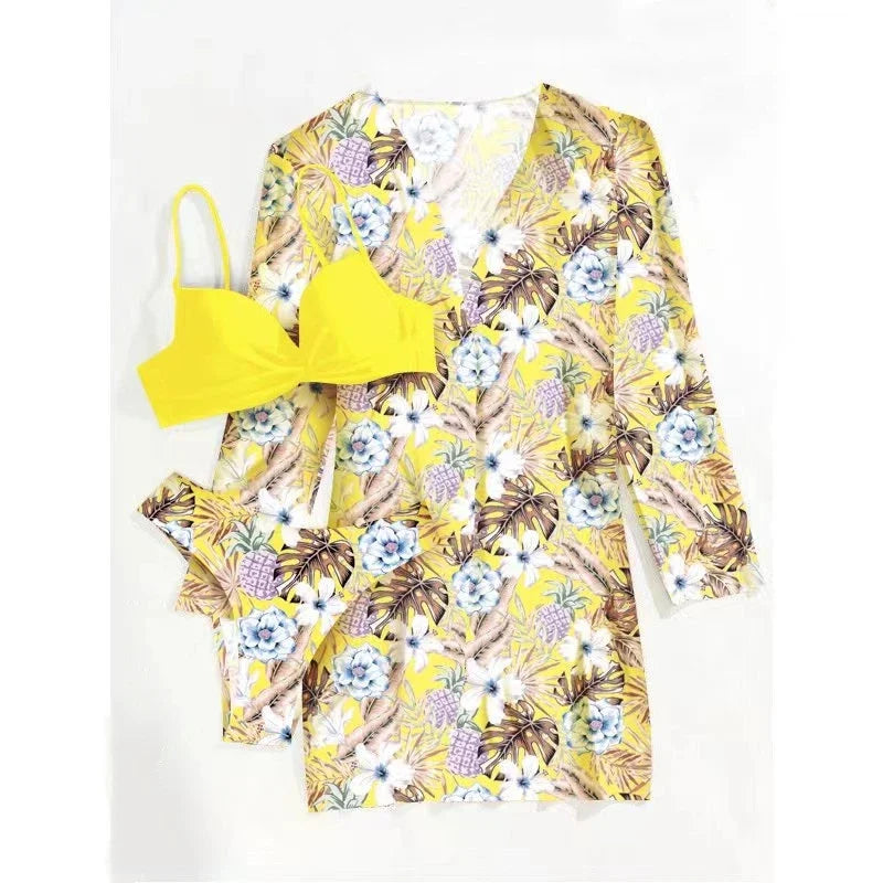 2025 Women's 3 Pieces Swimsuit Floral Print Bikini Set+Long Sleeve Cover-Up Swimwear Sexy Low Waist Push Up Tankinis Beachwear