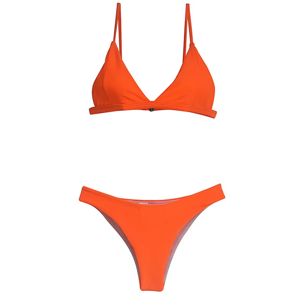 Summer Solid Beach Swimsuit Swimsuits for Women Sexy Halter Swimwear Swimsuit Thong Female Bikini Sets Orange Pink Yellow