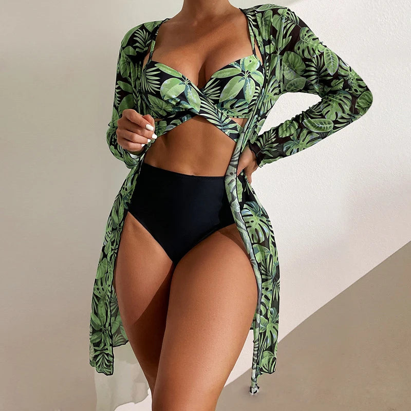 2025 Three Pieces Bikini Set Cover Up Swimwear Women Swimsuit Print Long Sleeve Push Up Bathing Suit Beachwear Swimming Biquini