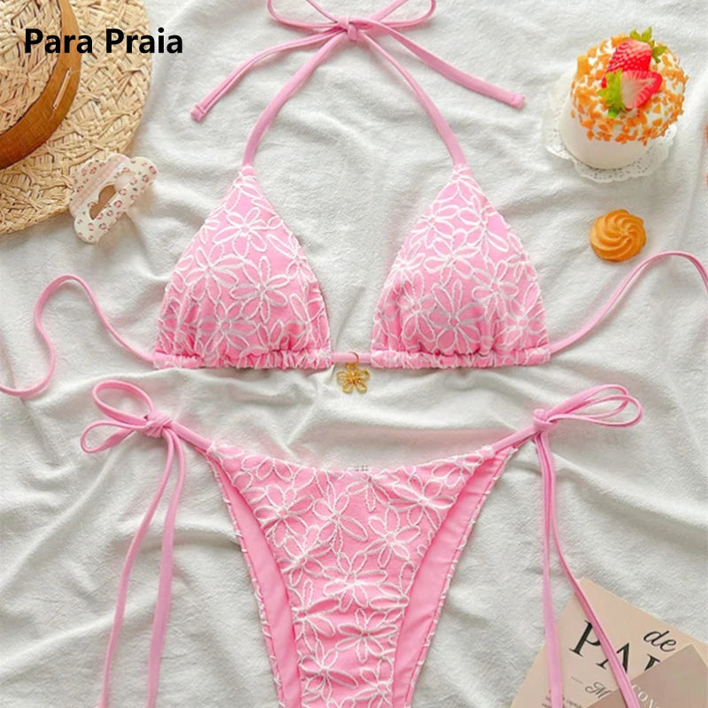 Para Praia Thong Swimsuit Women Halter Micro Bikini Set 2025 Floral Swimwear Brazilian Bathing Suit Beachwear