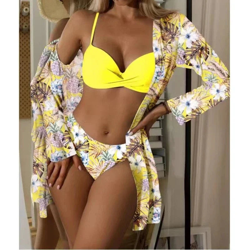 2025 Women's 3 Pieces Swimsuit Floral Print Bikini Set+Long Sleeve Cover-Up Swimwear Sexy Low Waist Push Up Tankinis Beachwear