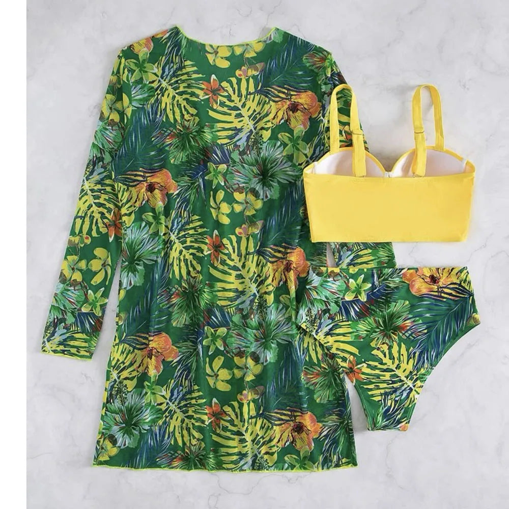 2025 Three Pieces Bikini Set Cover Up Swimwear Women Swimsuit Print Long Sleeve Push Up Bathing Suit Beachwear Swimming Biquini