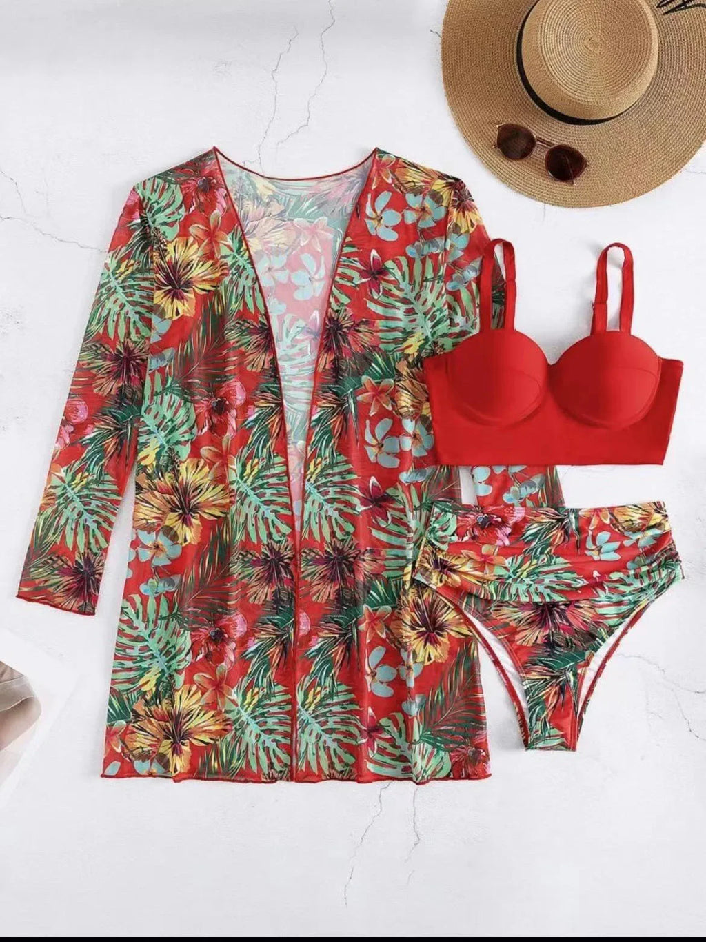 Plant Flower Print Bikini Three-piece Set Sunscreen Cover up Cross-Border Swimsuit Women's Fashion Swimwear from China