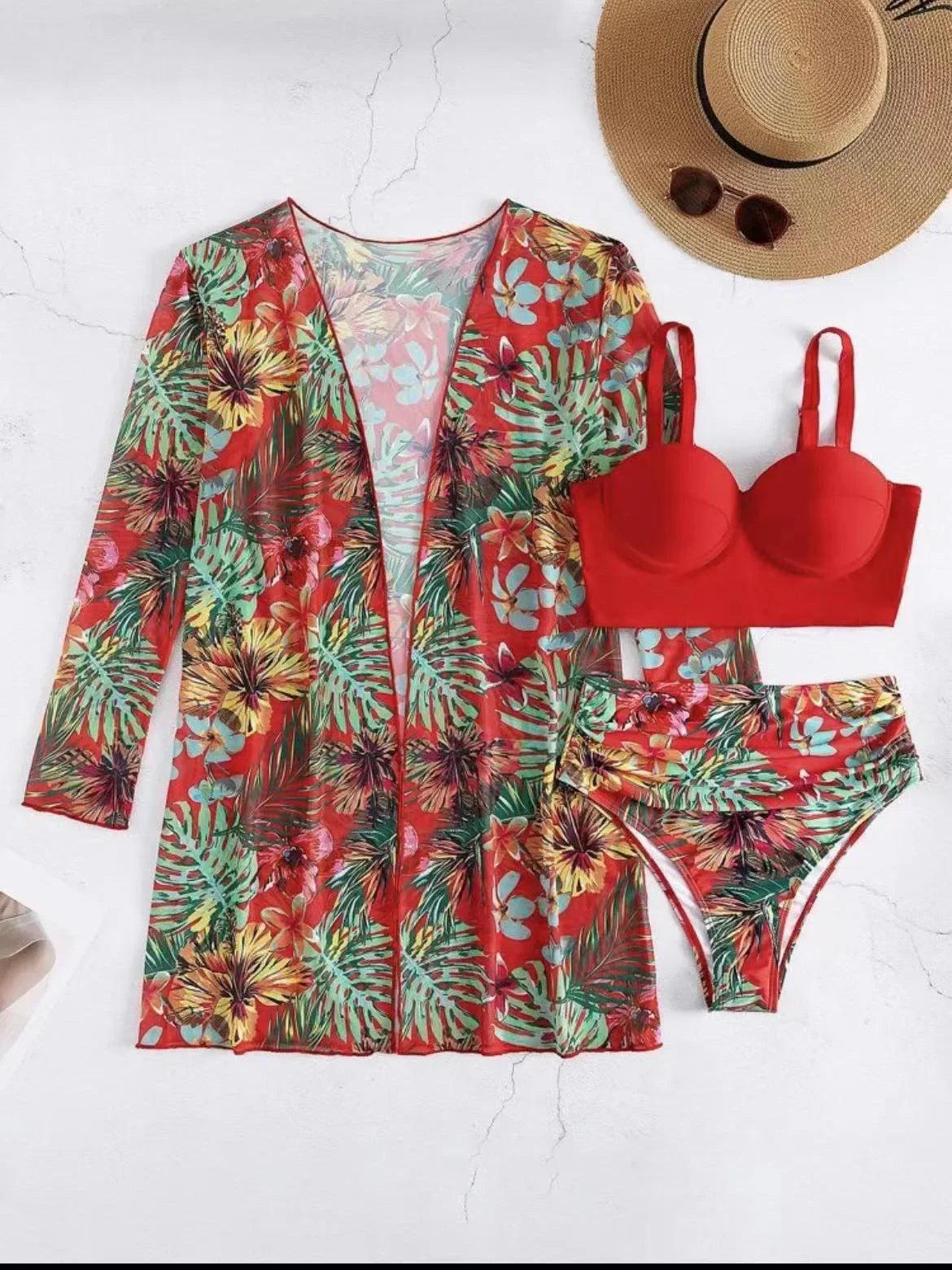 Plant Flower Print Bikini Three-piece Set Sunscreen Cover up Cross-Border Swimsuit Women's Fashion Swimwear from China