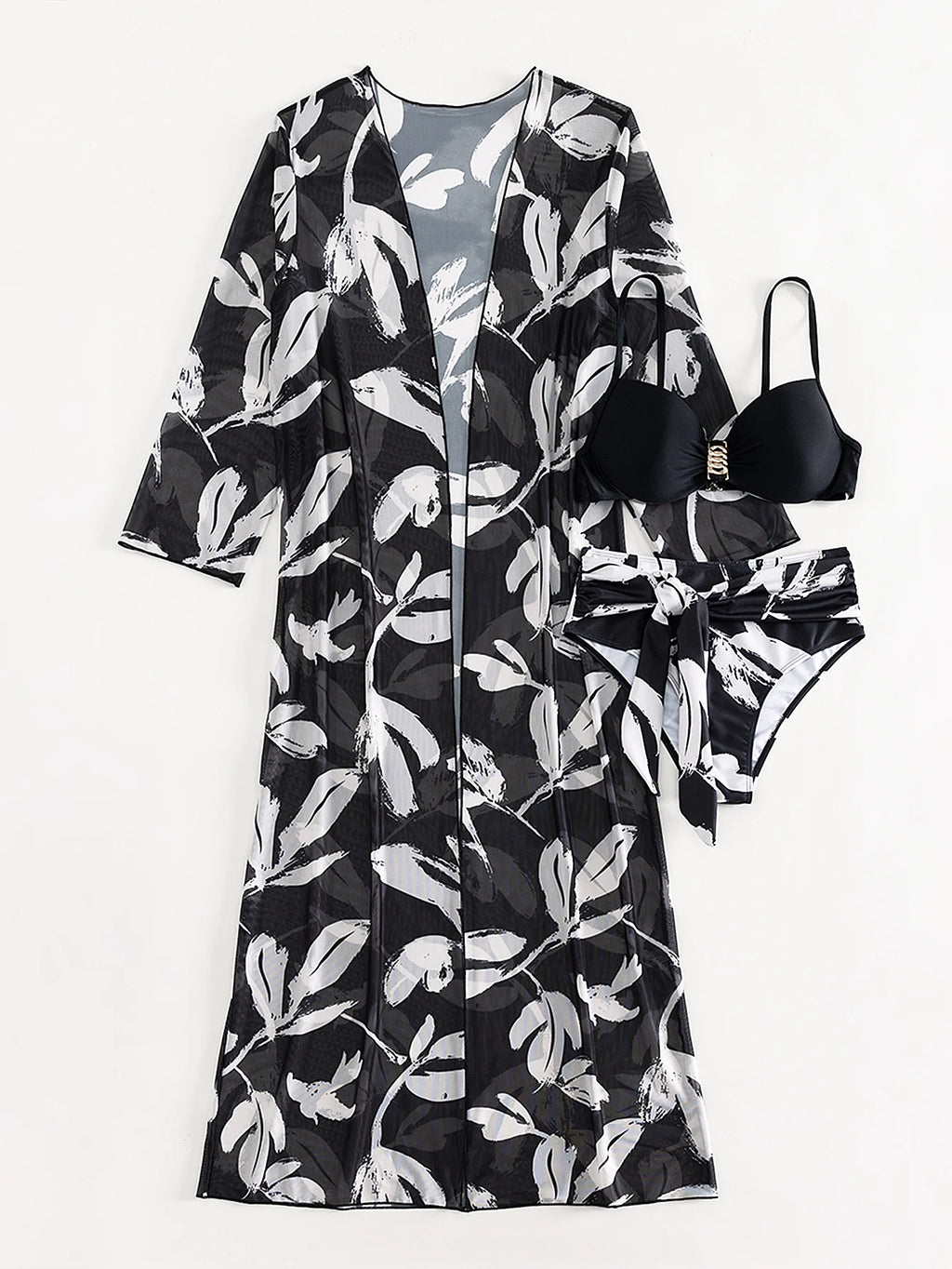 2025 Three Pieces Bikini Set Cover Up Swimwear Women Swimsuit Print Long Sleeve Push Up Bathing Suit Beachwear Swimming Biquini