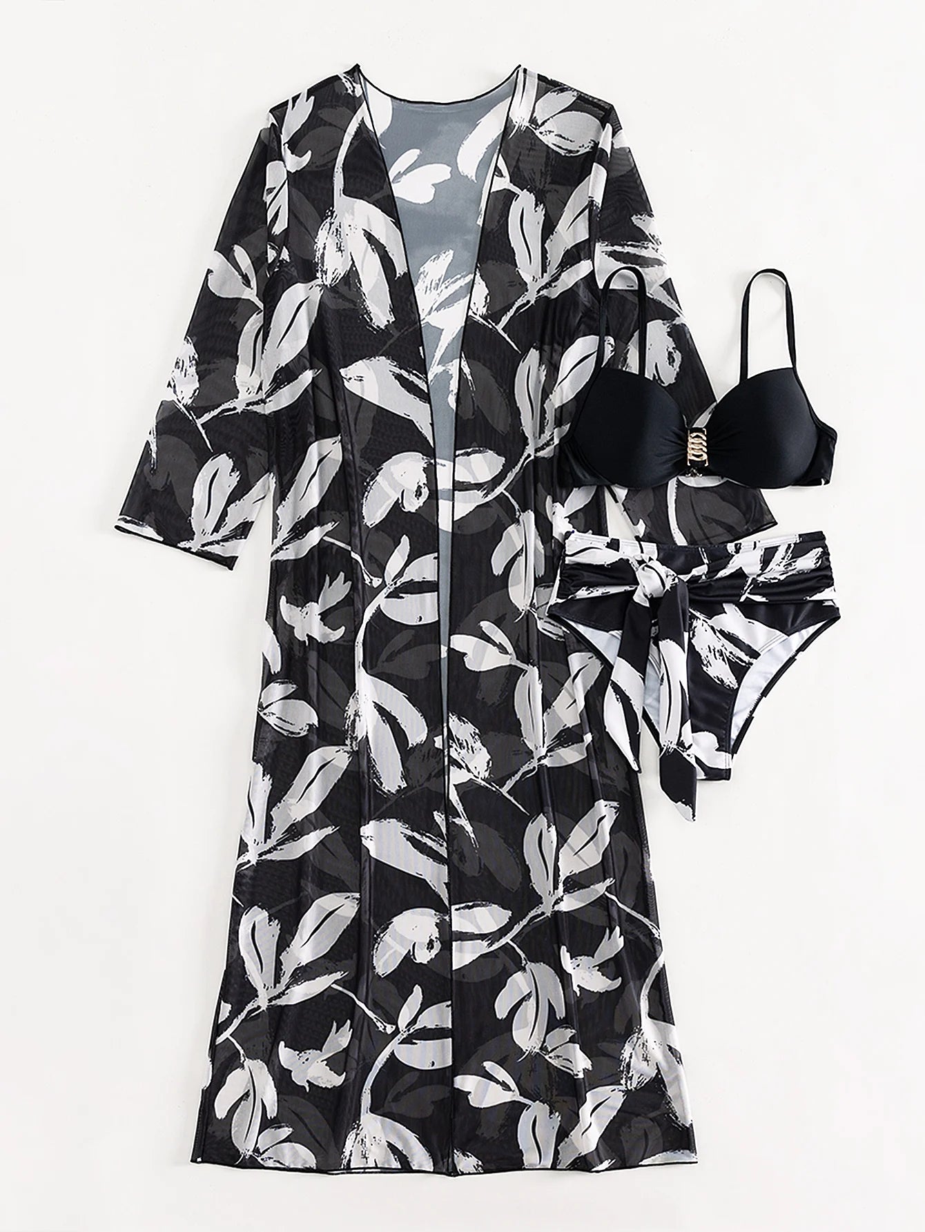 2025 Three Pieces Bikini Set Cover Up Swimwear Women Swimsuit Print Long Sleeve Push Up Bathing Suit Beachwear Swimming Biquini