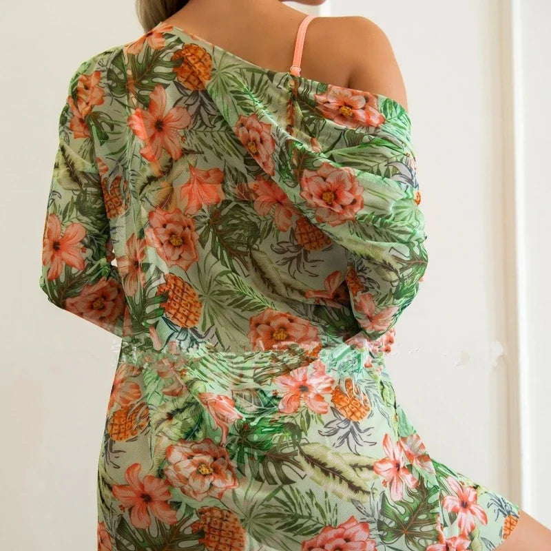 2025 Women's 3 Pieces Swimsuit Floral Print Bikini Set+Long Sleeve Cover-Up Swimwear Sexy Low Waist Push Up Tankinis Beachwear