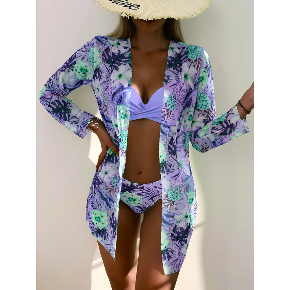 2025 Three Pieces Bikini Set Cover Up Swimwear Women Swimsuit Print Long Sleeve Push Up Bathing Suit Beachwear Swimming Biquini