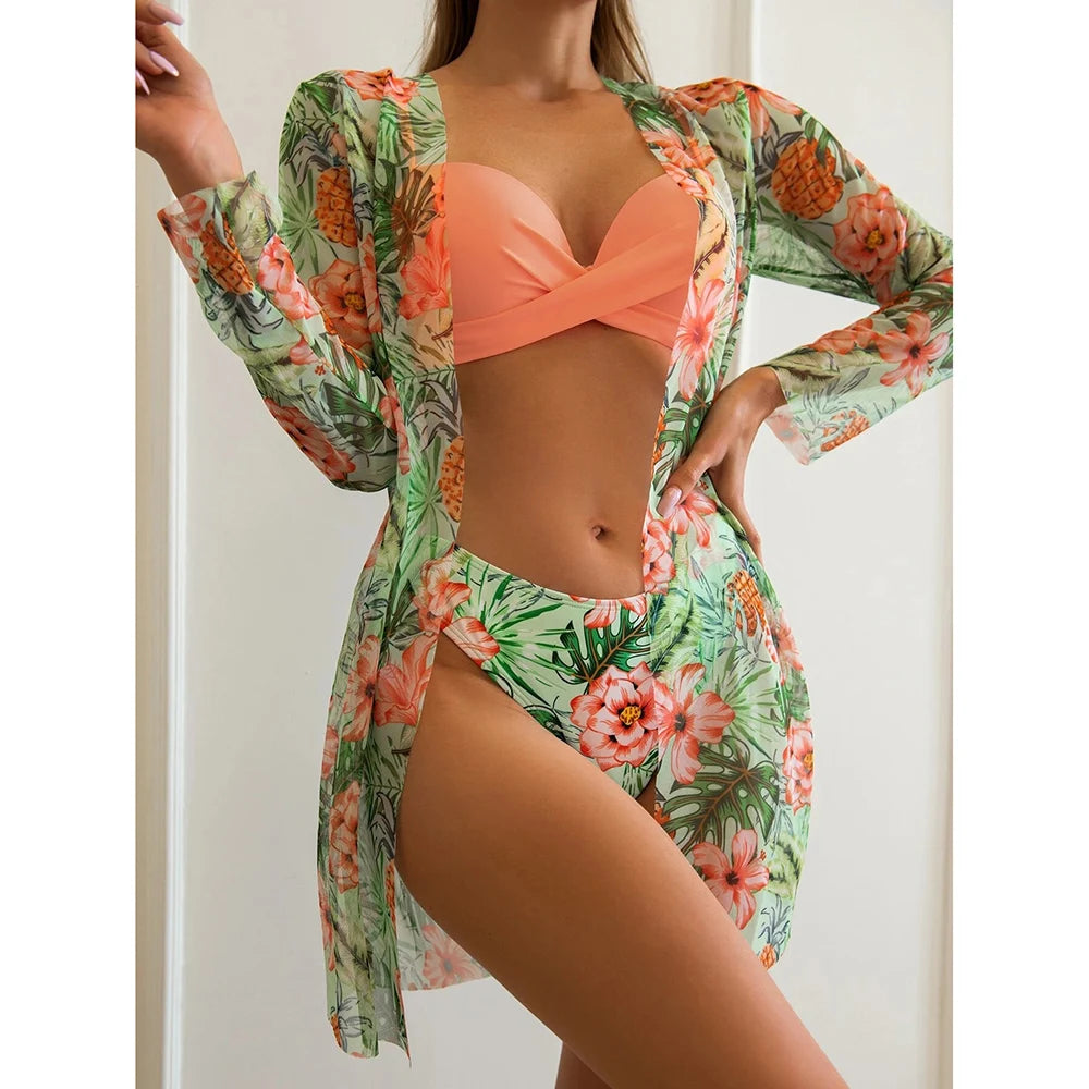 2025 Three Pieces Bikini Set Cover Up Swimwear Women Swimsuit Print Long Sleeve Push Up Bathing Suit Beachwear Swimming Biquini