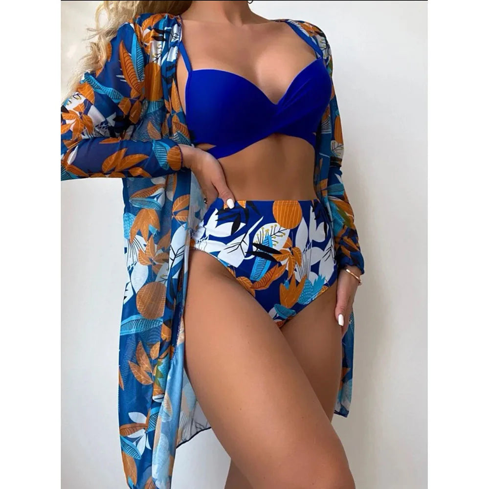 2025 Three Pieces Bikini Set Cover Up Swimwear Women Swimsuit Print Long Sleeve Push Up Bathing Suit Beachwear Swimming Biquini