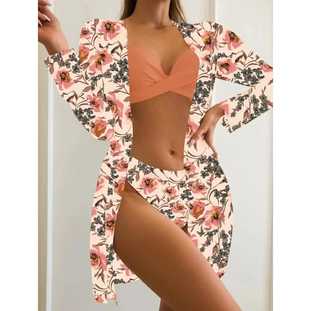 2025 Three Pieces Bikini Set Cover Up Swimwear Women Swimsuit Print Long Sleeve Push Up Bathing Suit Beachwear Swimming Biquini