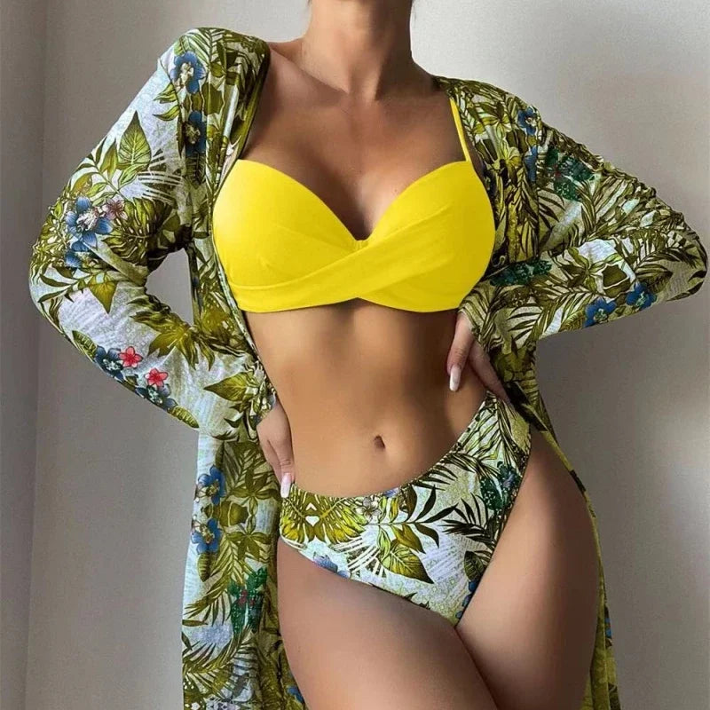 2025 Women's 3 Pieces Swimsuit Floral Print Bikini Set+Long Sleeve Cover-Up Swimwear Sexy Low Waist Push Up Tankinis Beachwear