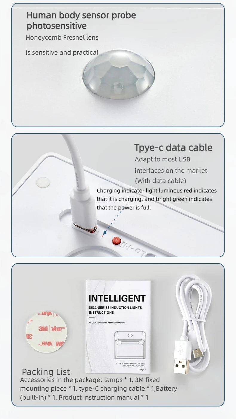 Smart Motion Activated Wall Light - 2200mAh USB-C Fast Charge, 3 Adjustable Brightness, Multi-Device Link for Indoor/Outdoor Security Lighting