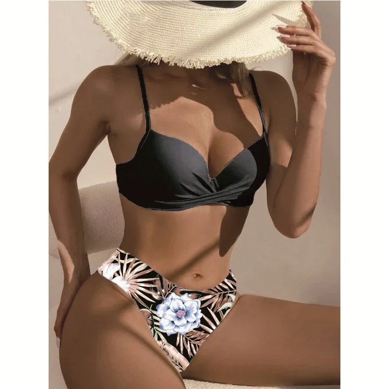 2025 Women's 3 Pieces Swimsuit Floral Print Bikini Set+Long Sleeve Cover-Up Swimwear Sexy Low Waist Push Up Tankinis Beachwear