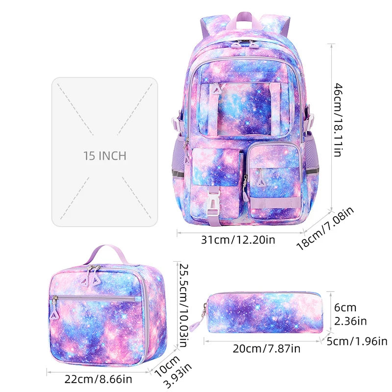 Backpack for School 3Pcs School Bag with Lunch Box and Pencil Bag Travel Backpack Bookbag for  Middle School Teens Girls